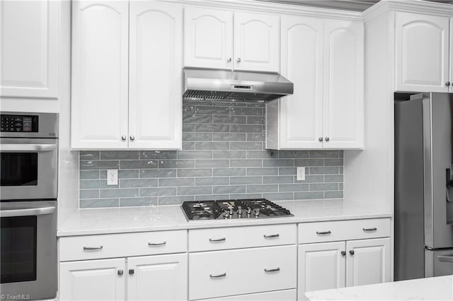 6147 Olde Fields Way, Pfafftown, NC 27040 - kitchen with stainless steel appliances, under cabinet range hood, backsplash, and white cabinetry