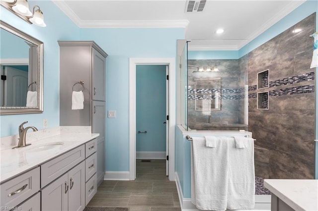 6147 Olde Fields Way, Pfafftown, NC 27040 - full bath featuring vanity, a walk in shower, and ornamental molding