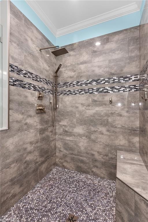 6147 Olde Fields Way, Pfafftown, NC 27040 - bathroom with a tile shower and crown molding
