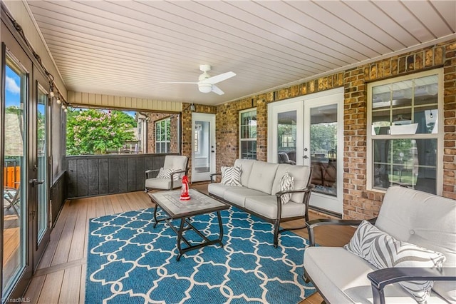 6147 Olde Fields Way, Pfafftown, NC 27040 - sunroom / solarium featuring french doors, an outdoor living space, and a ceiling fan
