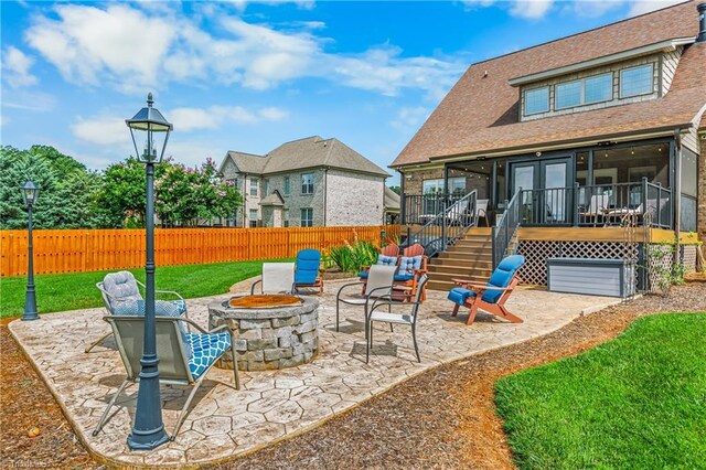 6147 Olde Fields Way, Pfafftown, NC 27040 - view of patio with an outdoor fire pit, stairs, and a wooden deck