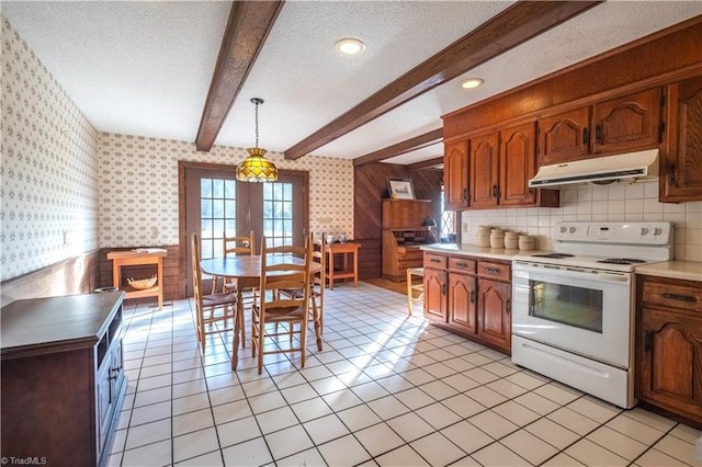 kitchen with hanging light fixtures, a textured ceiling, light tile patterned flooring, beam ceiling, and white range with electric stovetop