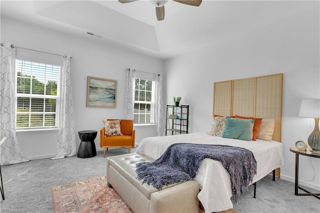 817 Sage Hill Dr, Jamestown, NC 27282 - carpeted bedroom featuring a tray ceiling, multiple windows, and a ceiling fan