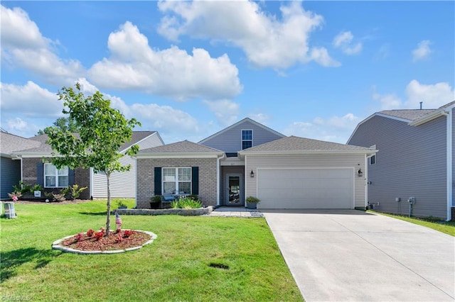 817 Sage Hill Dr, Jamestown, NC 27282 - view of front of house with an attached garage, concrete driveway, a front lawn, and brick siding
