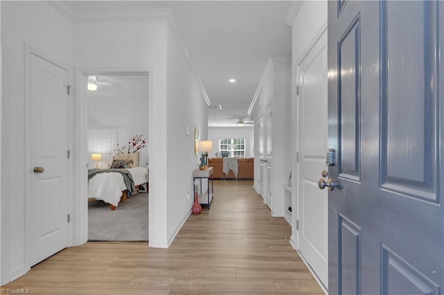 817 Sage Hill Dr, Jamestown, NC 27282 - entrance foyer with crown molding, ceiling fan, light wood-style flooring, and recessed lighting