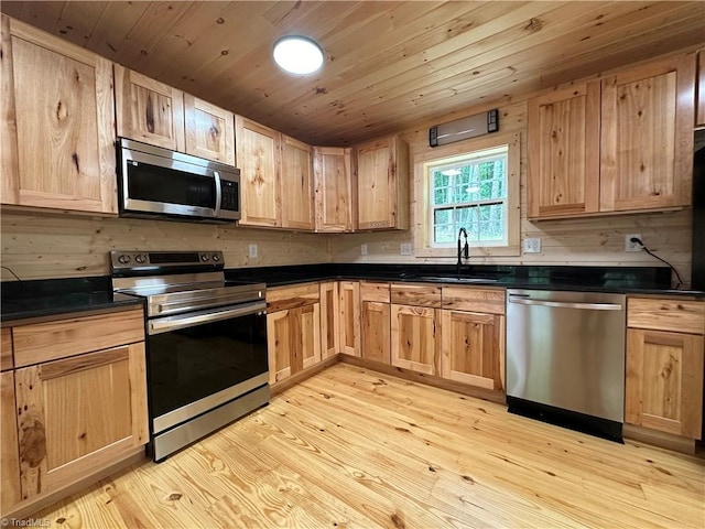 kitchen featuring light wood-type flooring, sink, appliances with stainless steel finishes, and wooden ceiling