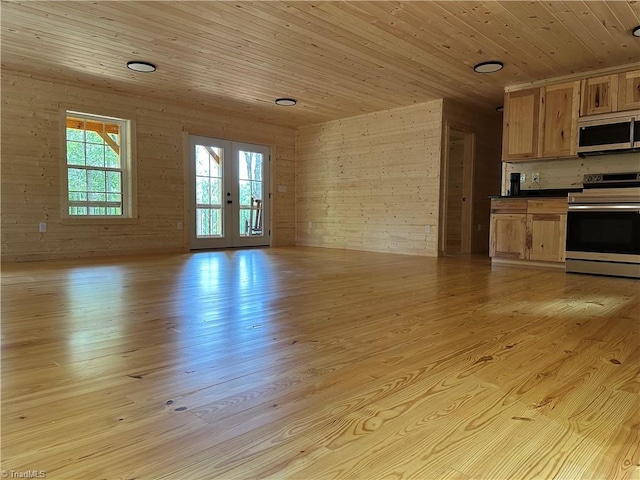 kitchen featuring wood walls, wooden ceiling, french doors, light hardwood / wood-style flooring, and stainless steel appliances