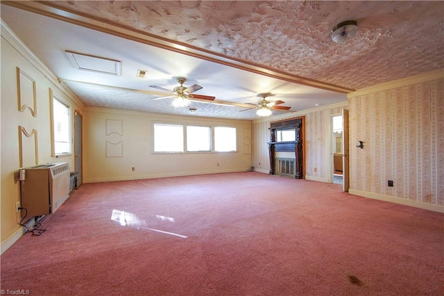 unfurnished room with light carpet, ceiling fan, and crown molding