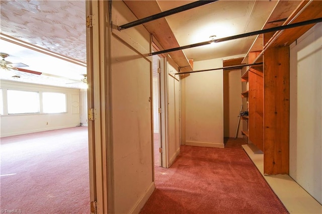 interior space featuring light carpet and ceiling fan