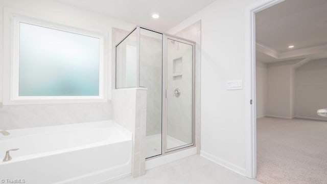 bathroom with a garden tub, recessed lighting, a stall shower, and ornamental molding