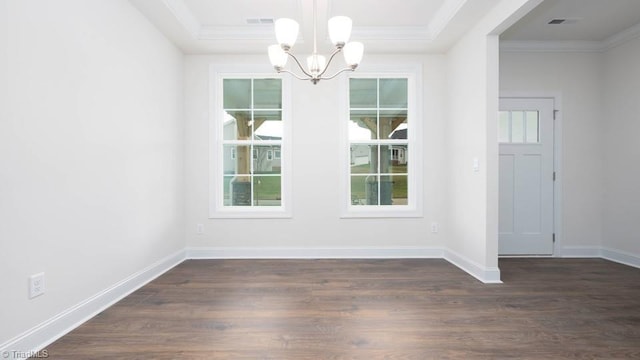 unfurnished dining area with dark wood-style floors, visible vents, and ornamental molding