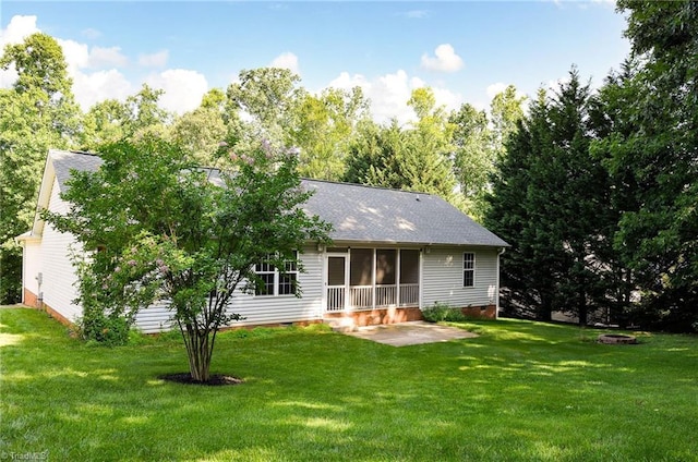 3714 Courtland Cir, Thomasville, NC 27360 - back of property featuring a lawn, roof with shingles, crawl space, and a sunroom