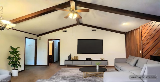 living room featuring visible vents, vaulted ceiling with beams, ceiling fan with notable chandelier, and baseboards