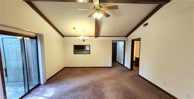 carpeted empty room featuring lofted ceiling with beams, crown molding, visible vents, and a textured ceiling