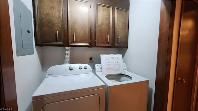 laundry room with electric panel, cabinet space, and washing machine and dryer