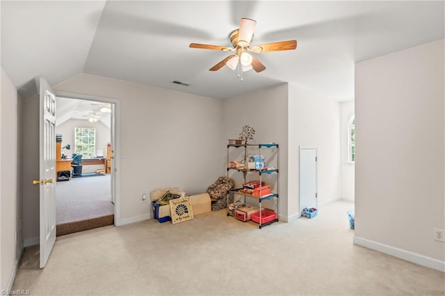 5805 Pine Hall Rd, Walnut Cove, NC 27052 - game room with a ceiling fan, carpet floors, vaulted ceiling, and baseboards