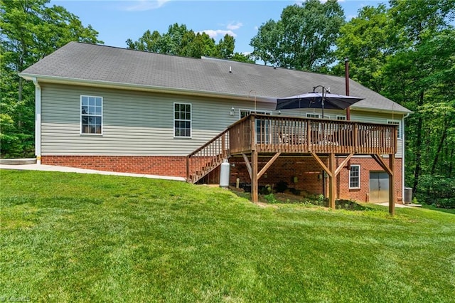 5805 Pine Hall Rd, Walnut Cove, NC 27052 - rear view of house with a deck, a lawn, central AC unit, and stairway