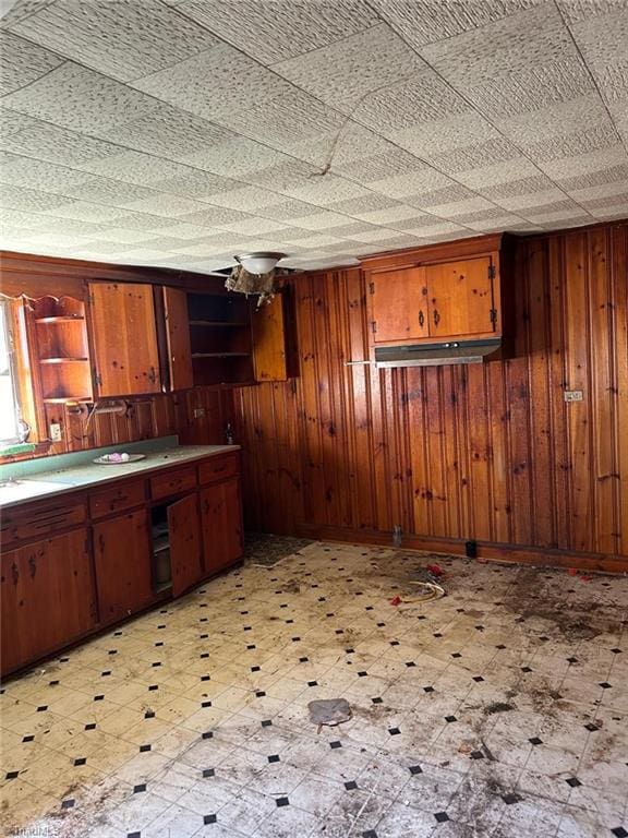 kitchen featuring wooden walls