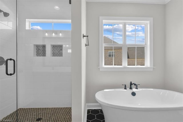 full bathroom featuring a stall shower, a healthy amount of sunlight, and a freestanding bath