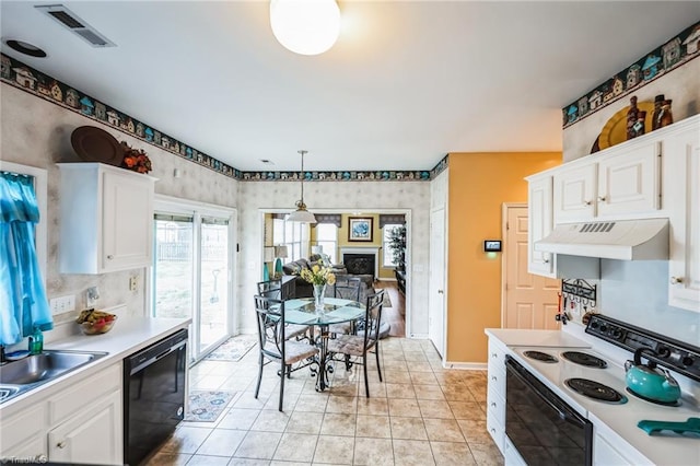 kitchen with white cabinets, decorative light fixtures, extractor fan, and dishwasher