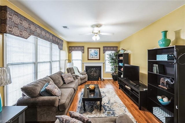 living room with ceiling fan and light wood-type flooring