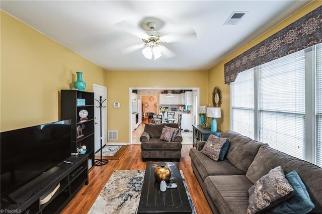 living room featuring ceiling fan and wood-type flooring