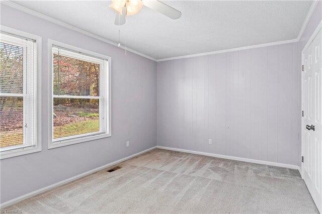 spare room with light colored carpet, ornamental molding, and plenty of natural light