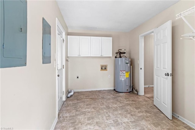 washroom with electric water heater, electric panel, electric dryer hookup, and hookup for a washing machine