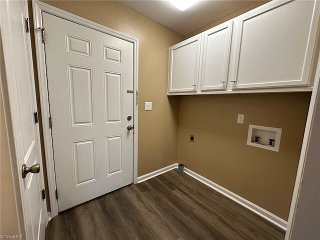 laundry area with cabinets, dark hardwood / wood-style flooring, hookup for a washing machine, and electric dryer hookup