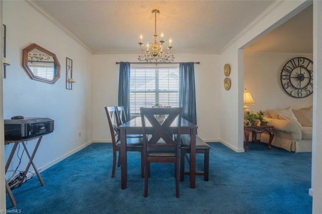 carpeted dining area featuring ornamental molding, a chandelier, and baseboards