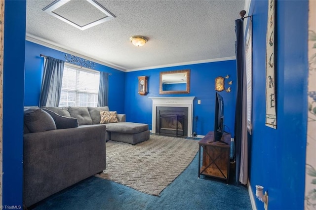 carpeted living area with a fireplace with flush hearth, a textured ceiling, visible vents, and crown molding