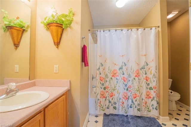 bathroom featuring a textured ceiling, toilet, vanity, tile patterned floors, and shower / bathtub combination with curtain