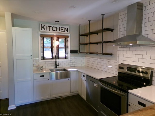 1074 Hickory Glen Rd, Winston-Salem, NC 27106 - kitchen featuring stainless steel appliances, wall chimney range hood, open shelves, a sink, and tasteful backsplash