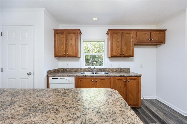 kitchen featuring ornamental molding, white dishwasher, dark hardwood / wood-style floors, and sink