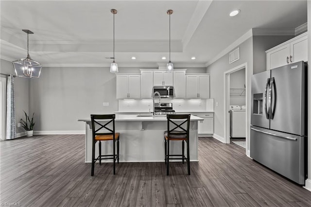 6624 Knob Creek Dr, Whitsett, NC 27377 - kitchen with appliances with stainless steel finishes, ornamental molding, a tray ceiling, a sink, and dark wood finished floors