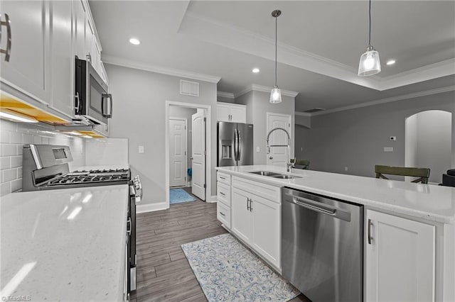 6624 Knob Creek Dr, Whitsett, NC 27377 - kitchen with appliances with stainless steel finishes, a sink, recessed lighting, ornamental molding, and a raised ceiling