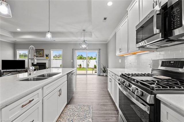 6624 Knob Creek Dr, Whitsett, NC 27377 - kitchen featuring stainless steel appliances, a raised ceiling, decorative backsplash, ornamental molding, and recessed lighting
