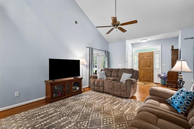 3702 Belfry Ct, Greensboro, NC 27410 - living area with ceiling fan, high vaulted ceiling, wood finished floors, and baseboards