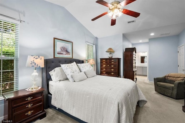 3702 Belfry Ct, Greensboro, NC 27410 - bedroom featuring lofted ceiling, carpet, connected bathroom, and ceiling fan