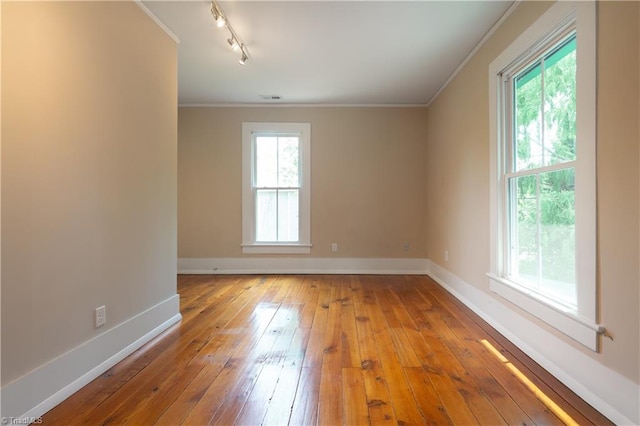 627 Mulberry St, Winston-Salem, NC 27101 - empty room featuring crown molding, hardwood / wood-style flooring, and track lighting