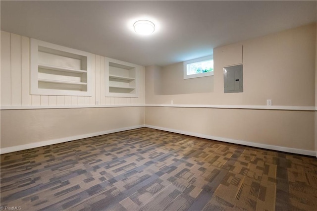 627 Mulberry St, Winston-Salem, NC 27101 - below grade area featuring electric panel, carpet, and built in shelves