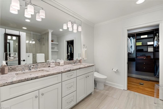 bathroom featuring toilet, a shower stall, ornamental molding, and a sink