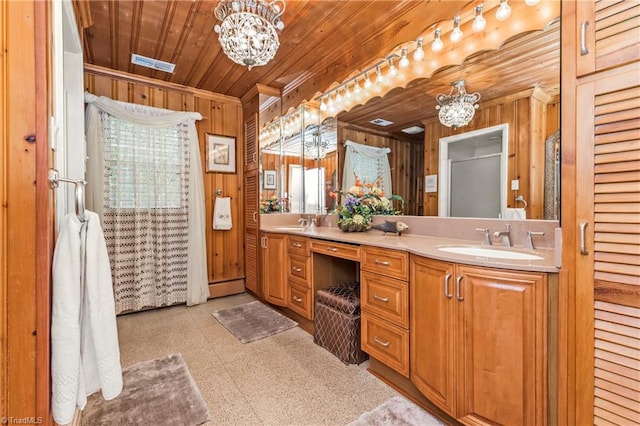 bathroom featuring wood ceiling, an inviting chandelier, wooden walls, and a wealth of natural light