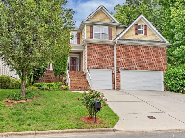 view of front of property featuring a garage and a front yard