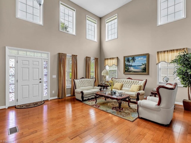 living room featuring a towering ceiling and hardwood / wood-style flooring