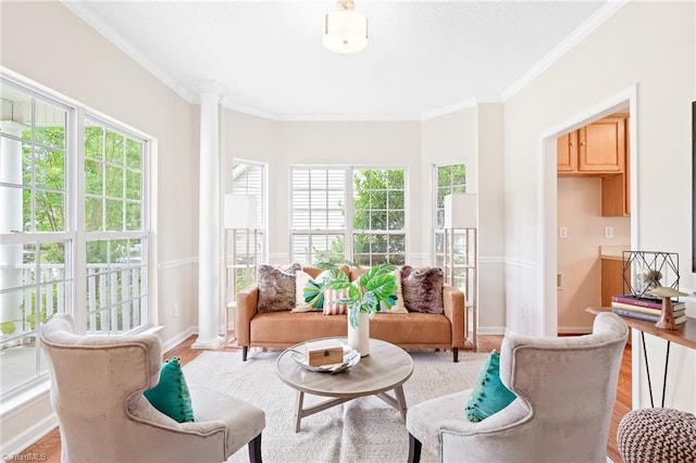 7 Pilot Ridge Ct, Greensboro, NC 27407 - sitting room featuring crown molding, light wood-style floors, ornate columns, and baseboards