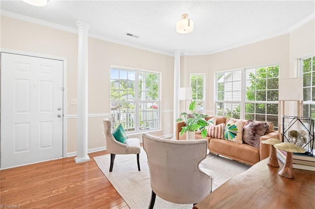 7 Pilot Ridge Ct, Greensboro, NC 27407 - living area featuring ornate columns, light wood-style floors, crown molding, and plenty of natural light