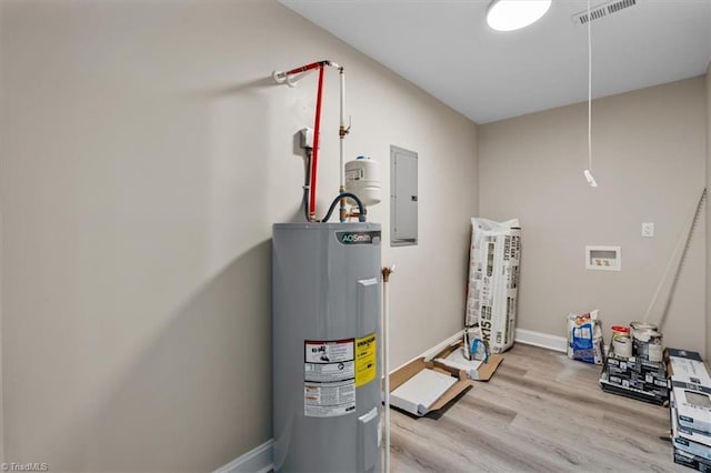 utilities with water heater, visible vents, and electric panel