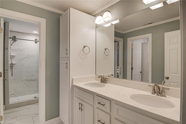 bathroom with vanity, crown molding, and a shower