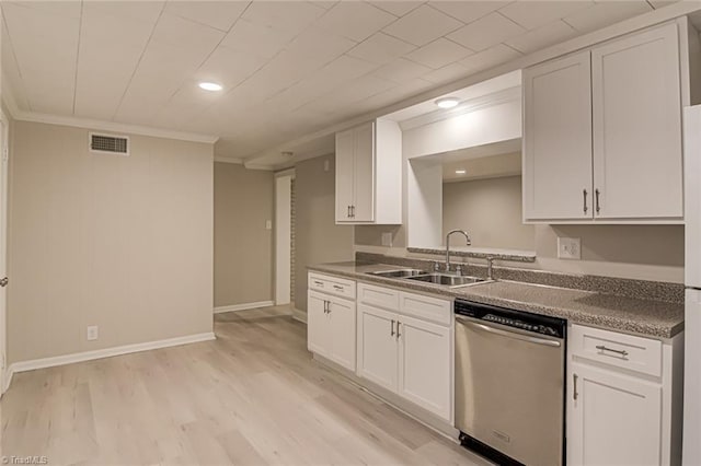 kitchen featuring dishwasher, sink, white cabinets, ornamental molding, and light hardwood / wood-style floors